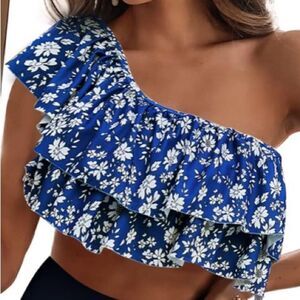 Blue & white floral ruffle one shoulder bikini top | crop top | NWT size S